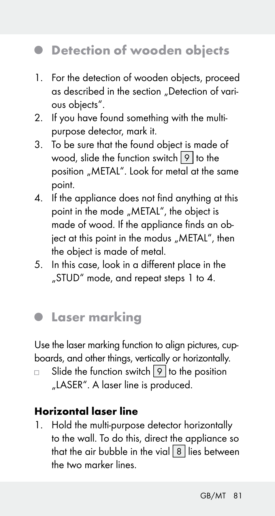 Detection of wooden objects, Laser marking | Powerfix Z32114 User Manual | Page 81 / 106