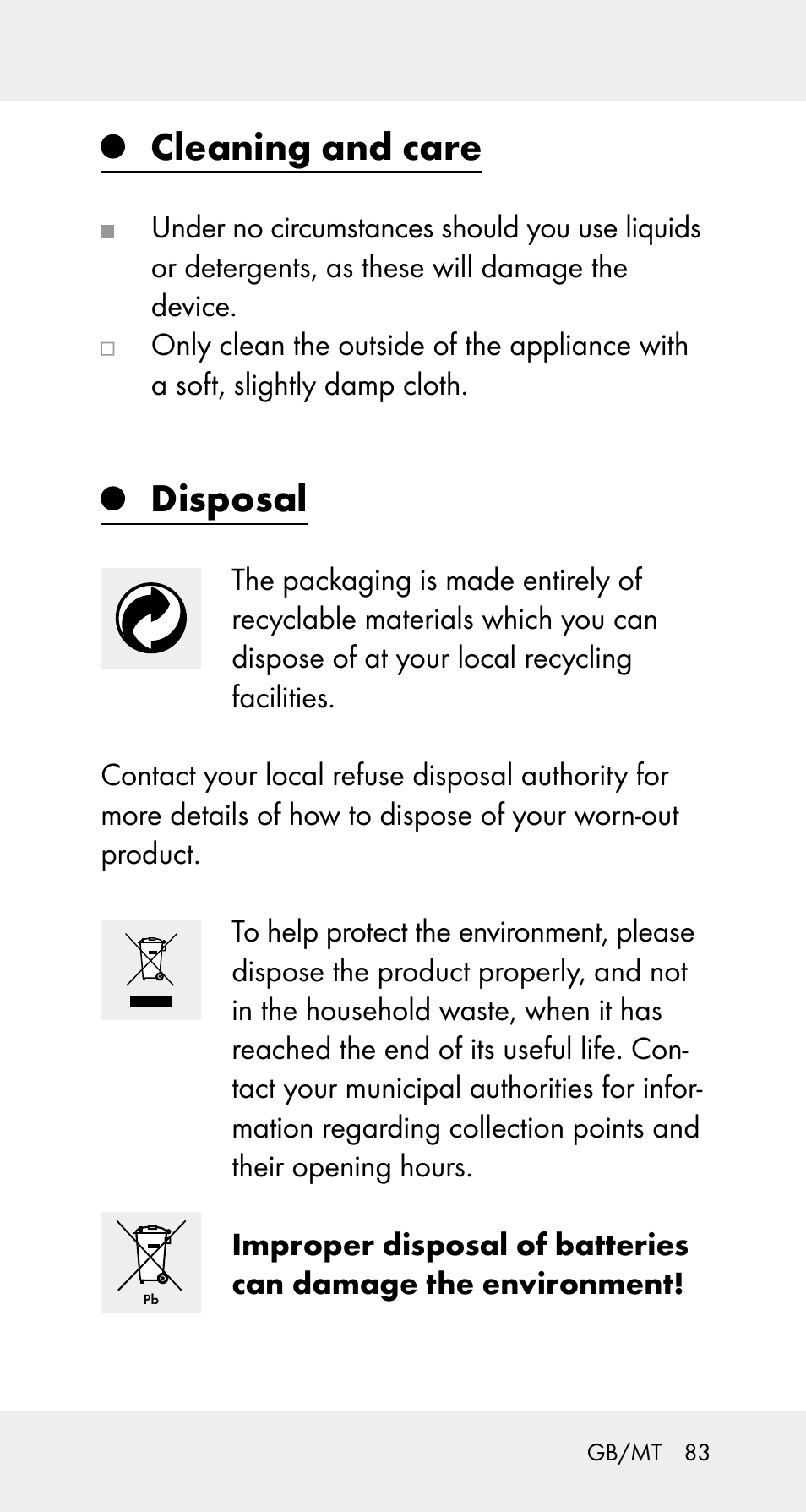 Cleaning and care, Disposal | Powerfix Z32114 User Manual | Page 83 / 106