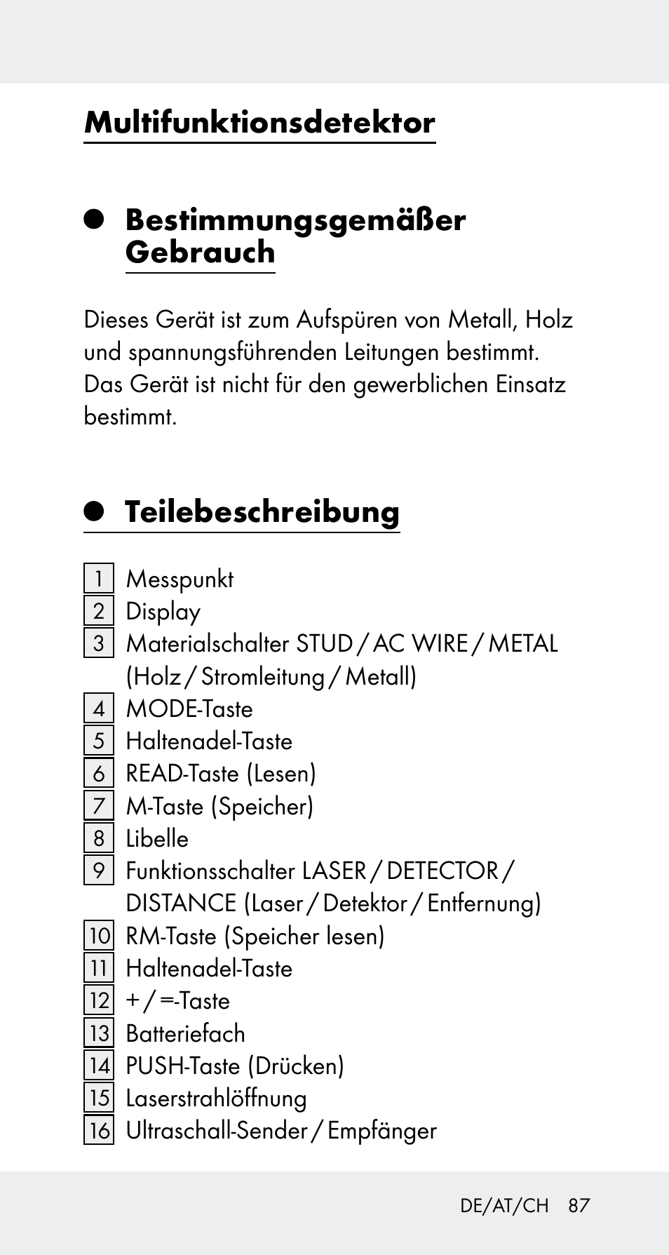 Multifunktionsdetektor bestimmungsgemäßer gebrauch, Teilebeschreibung | Powerfix Z32114 User Manual | Page 87 / 106