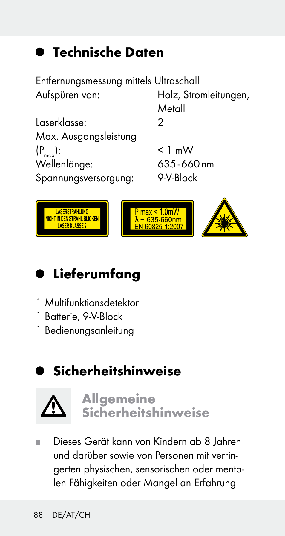 Technische daten, Lieferumfang, Sicherheitshinweise allgemeine sicherheitshinweise | Powerfix Z32114 User Manual | Page 88 / 106