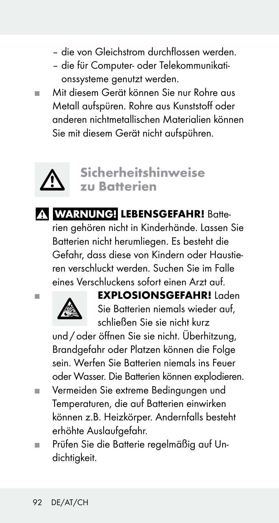 Sicherheitshinweise zu batterien | Powerfix Z32114 User Manual | Page 92 / 106