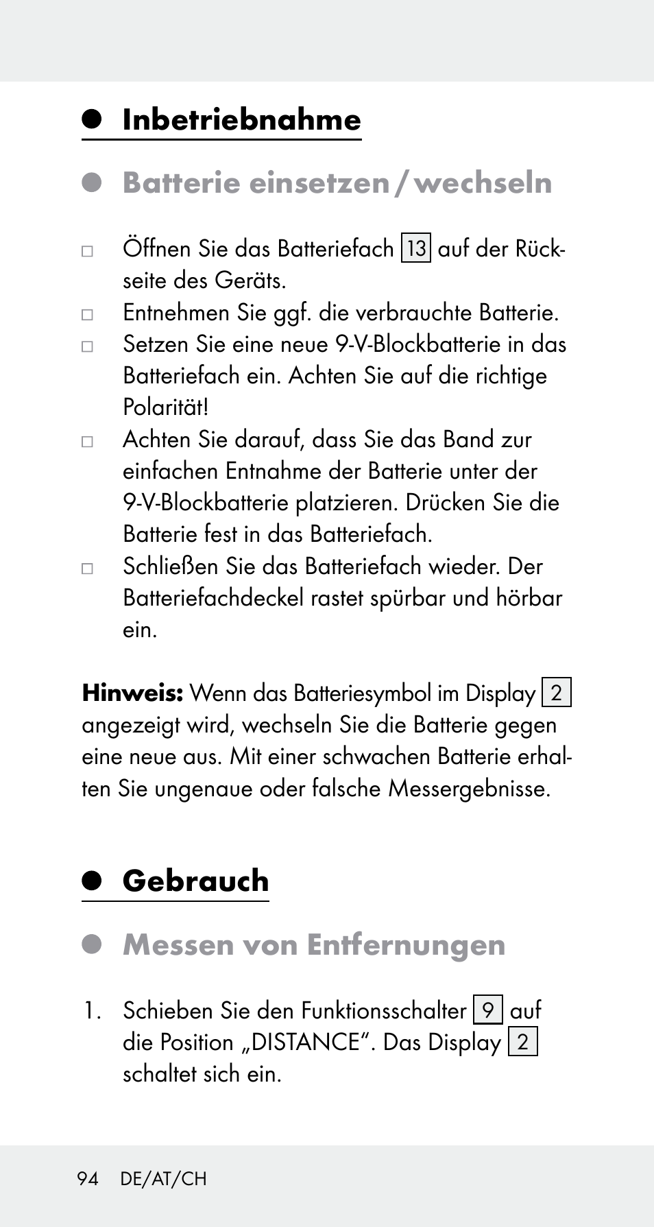 Inbetriebnahme batterie einsetzen / wechseln, Gebrauch messen von entfernungen | Powerfix Z32114 User Manual | Page 94 / 106