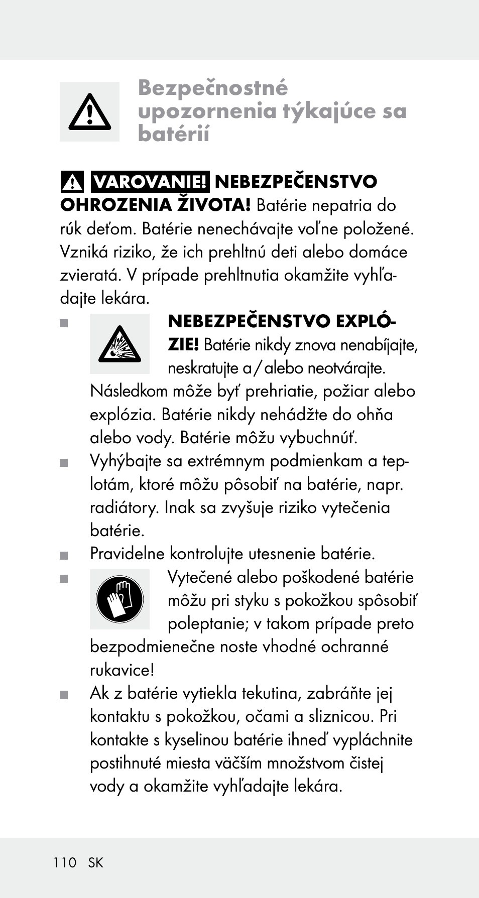 Bezpečnostné upozornenia týkajúce sa batérií | Powerfix Z32114 User Manual | Page 110 / 142