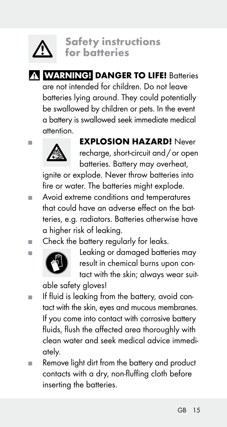 Safety instructions for batteries | Powerfix Z32114 User Manual | Page 15 / 142