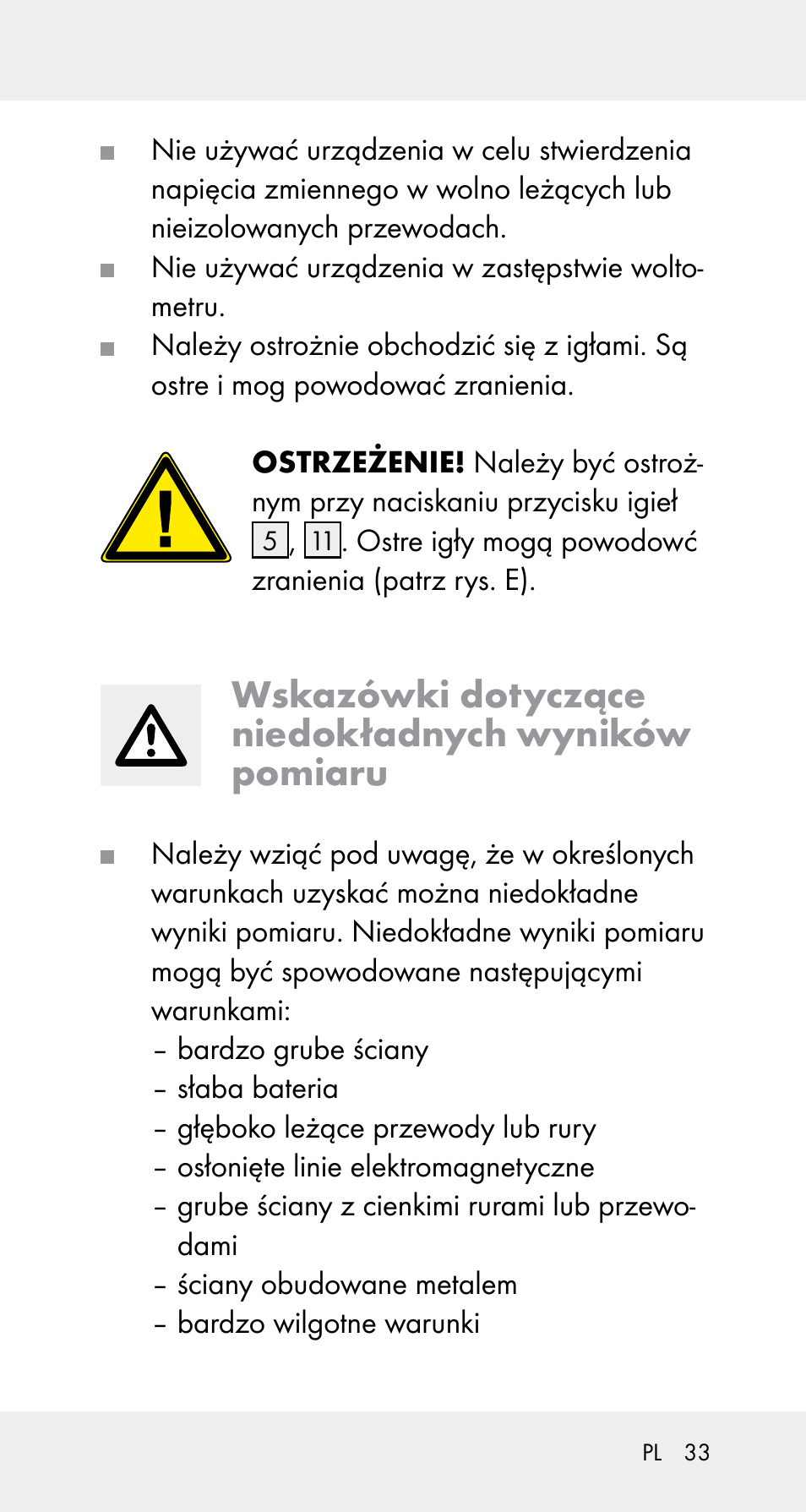 Wskazówki dotyczące niedokładnych wyników pomiaru | Powerfix Z32114 User Manual | Page 33 / 142
