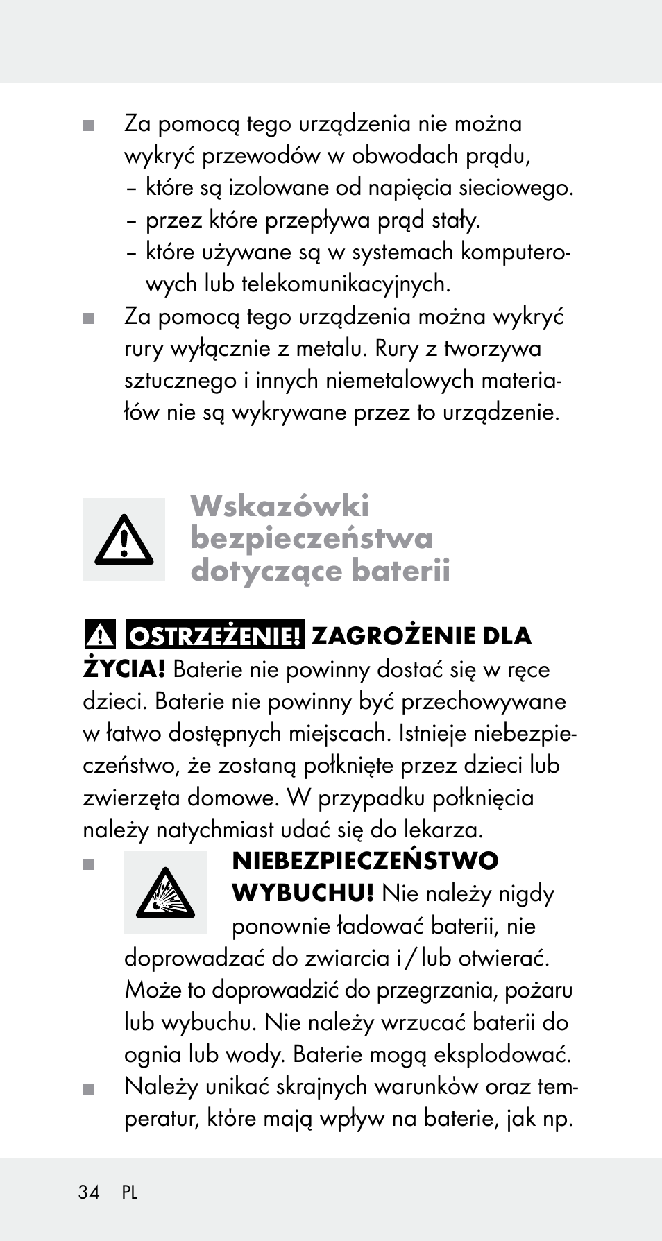 Wskazówki bezpieczeństwa dotyczące baterii | Powerfix Z32114 User Manual | Page 34 / 142