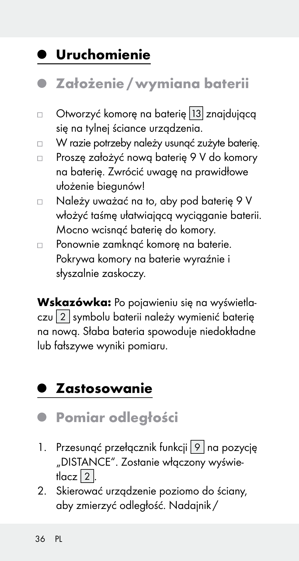 Uruchomienie założenie / wymiana baterii, Zastosowanie pomiar odległości | Powerfix Z32114 User Manual | Page 36 / 142