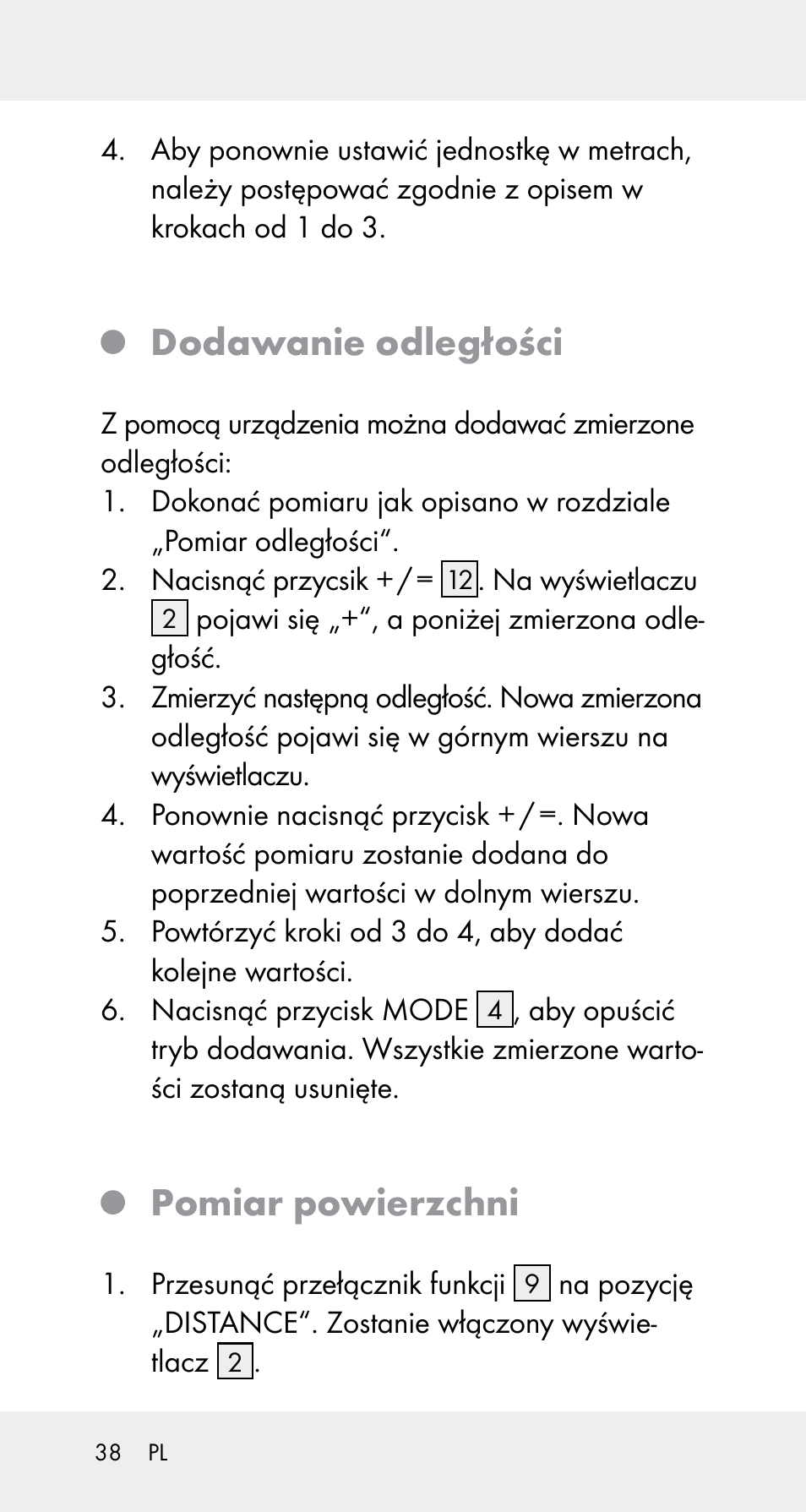 Dodawanie odległości, Pomiar powierzchni | Powerfix Z32114 User Manual | Page 38 / 142