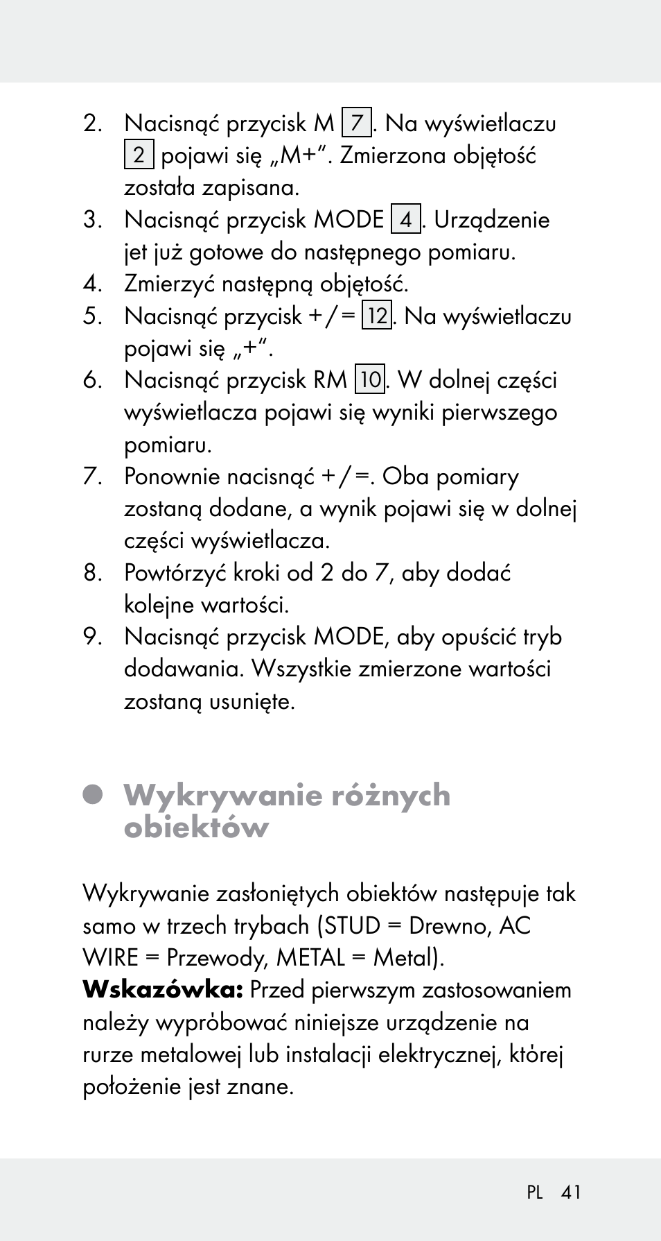 Wykrywanie różnych obiektów | Powerfix Z32114 User Manual | Page 41 / 142