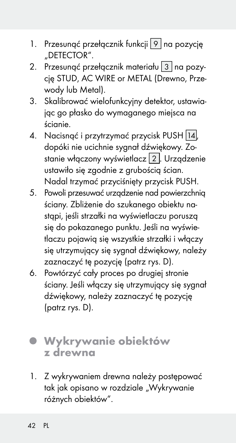 Wykrywanie obiektów z drewna | Powerfix Z32114 User Manual | Page 42 / 142