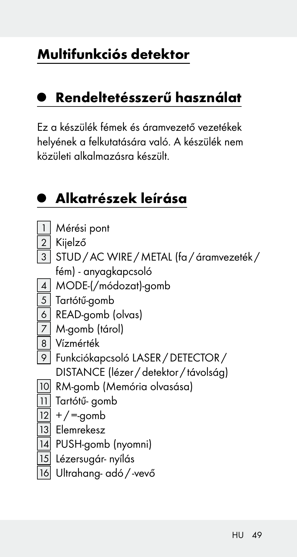 Multifunkciós detektor rendeltetésszerű használat, Alkatrészek leírása | Powerfix Z32114 User Manual | Page 49 / 142