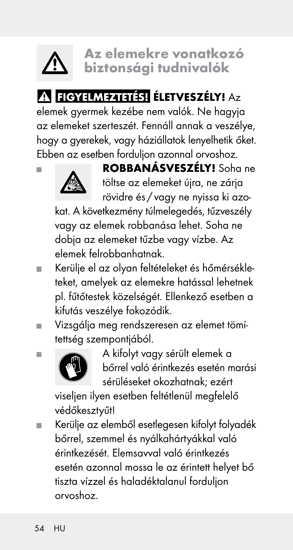 Az elemekre vonatkozó biztonsági tudnivalók | Powerfix Z32114 User Manual | Page 54 / 142
