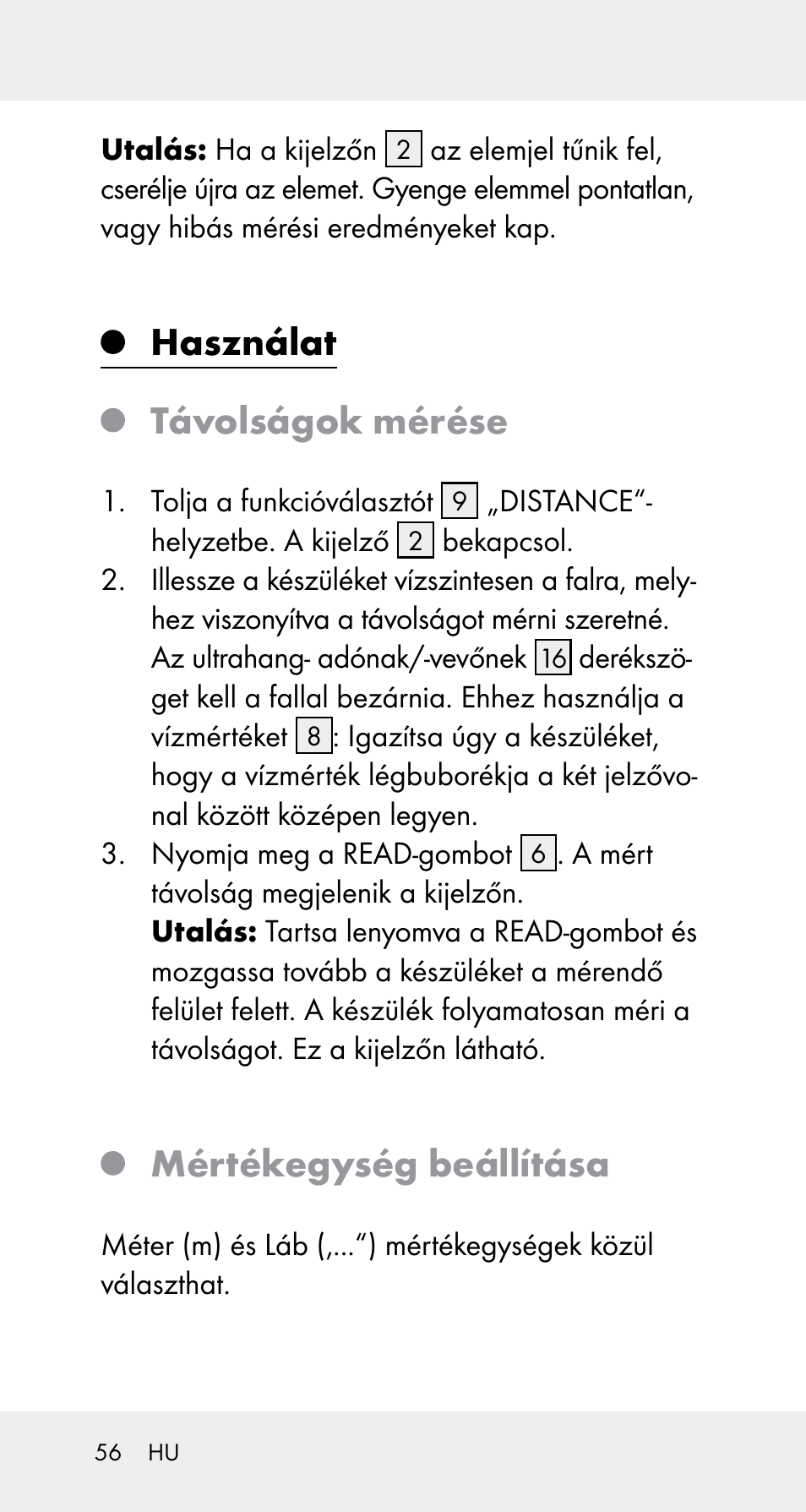 Használat távolságok mérése, Mértékegység beállítása | Powerfix Z32114 User Manual | Page 56 / 142