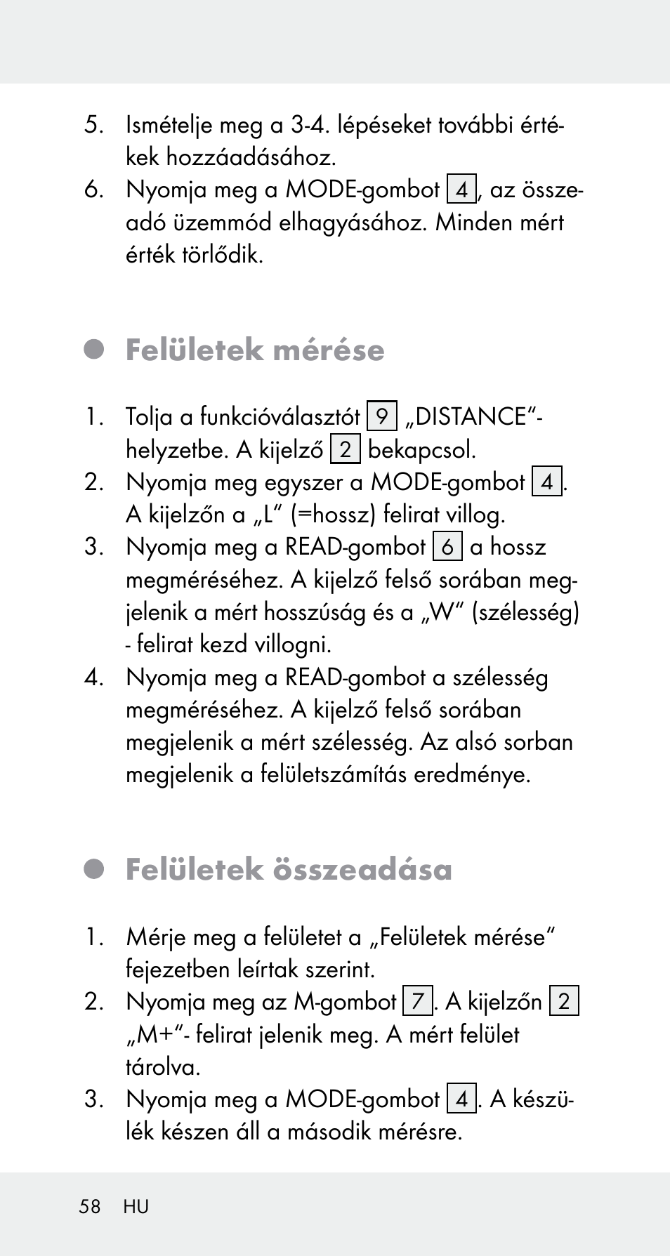 Felületek mérése, Felületek összeadása | Powerfix Z32114 User Manual | Page 58 / 142