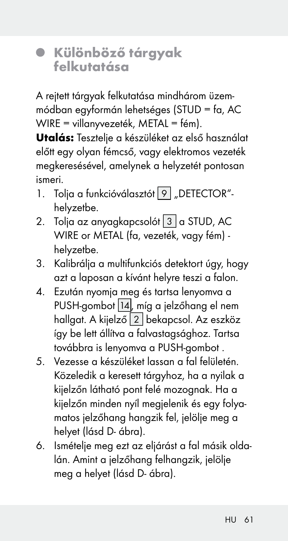 Különböző tárgyak felkutatása | Powerfix Z32114 User Manual | Page 61 / 142