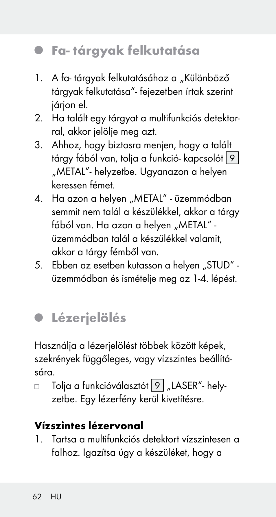 Fa- tárgyak felkutatása, Lézerjelölés | Powerfix Z32114 User Manual | Page 62 / 142