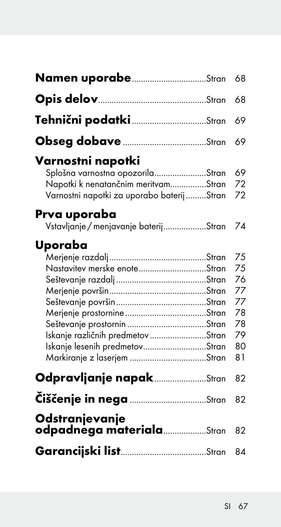 Namen uporabe, Opis delov, Tehnični podatki | Obseg dobave, Varnostni napotki, Prva uporaba, Uporaba, Odpravljanje napak, Čiščenje in nega, Odstranjevanje odpadnega materiala | Powerfix Z32114 User Manual | Page 67 / 142