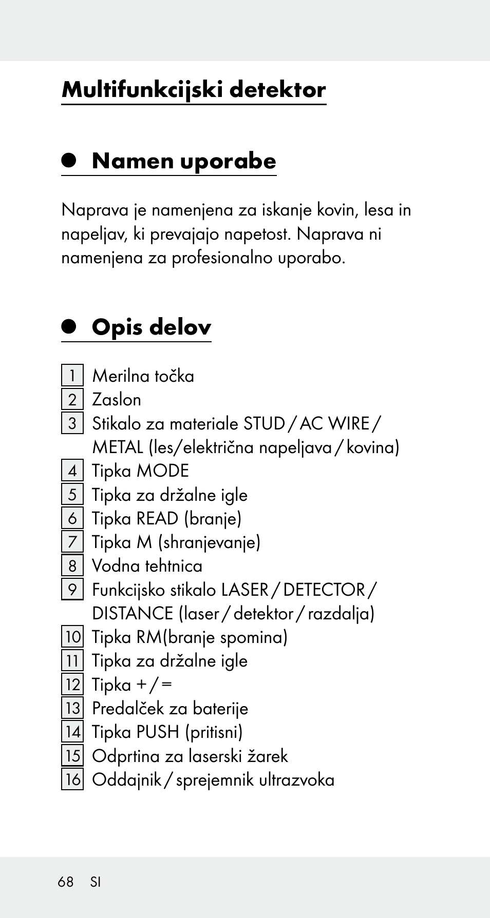 Multifunkcijski detektor namen uporabe, Opis delov | Powerfix Z32114 User Manual | Page 68 / 142