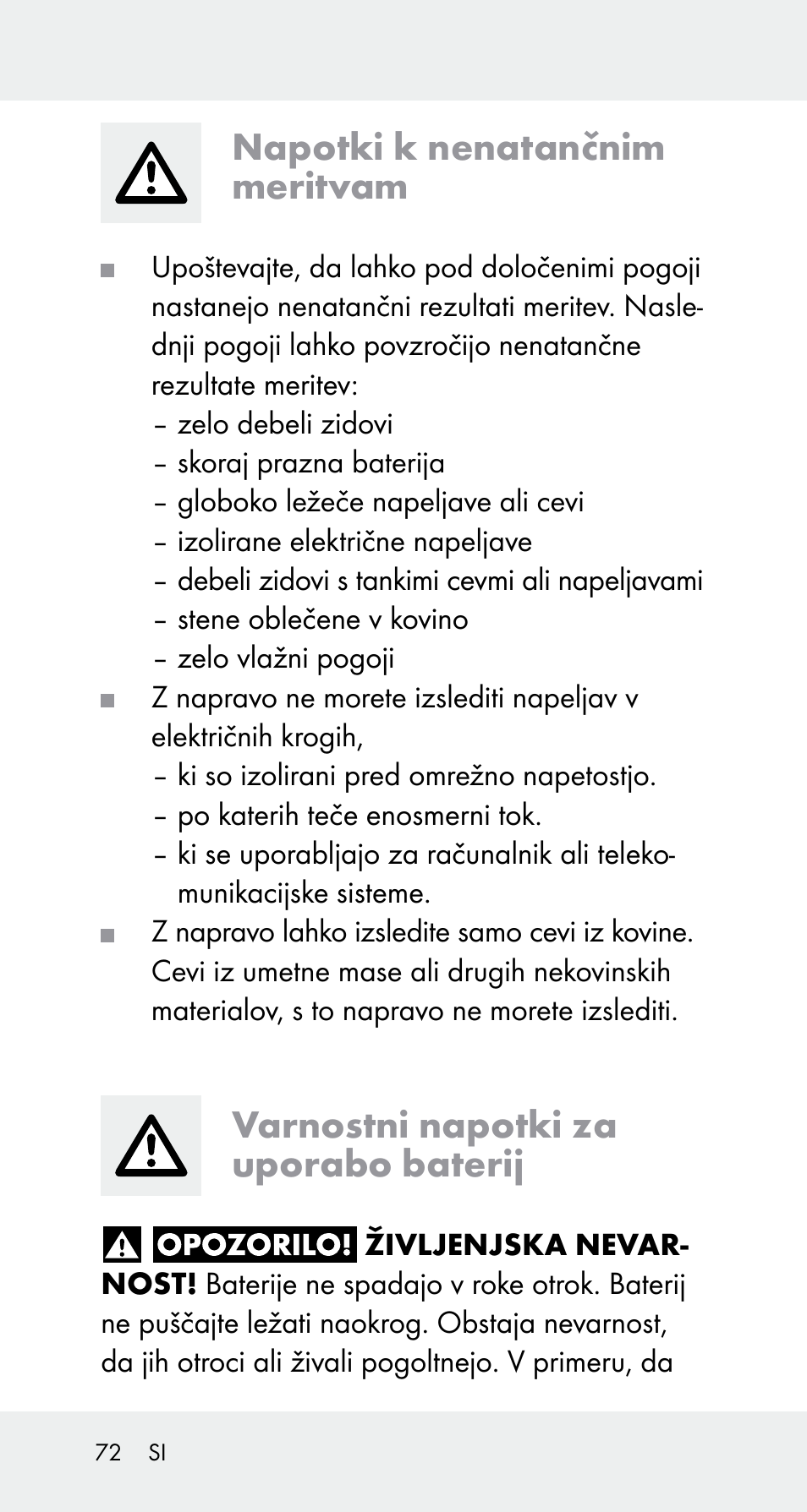 Napotki k nenatančnim meritvam, Varnostni napotki za uporabo baterij | Powerfix Z32114 User Manual | Page 72 / 142