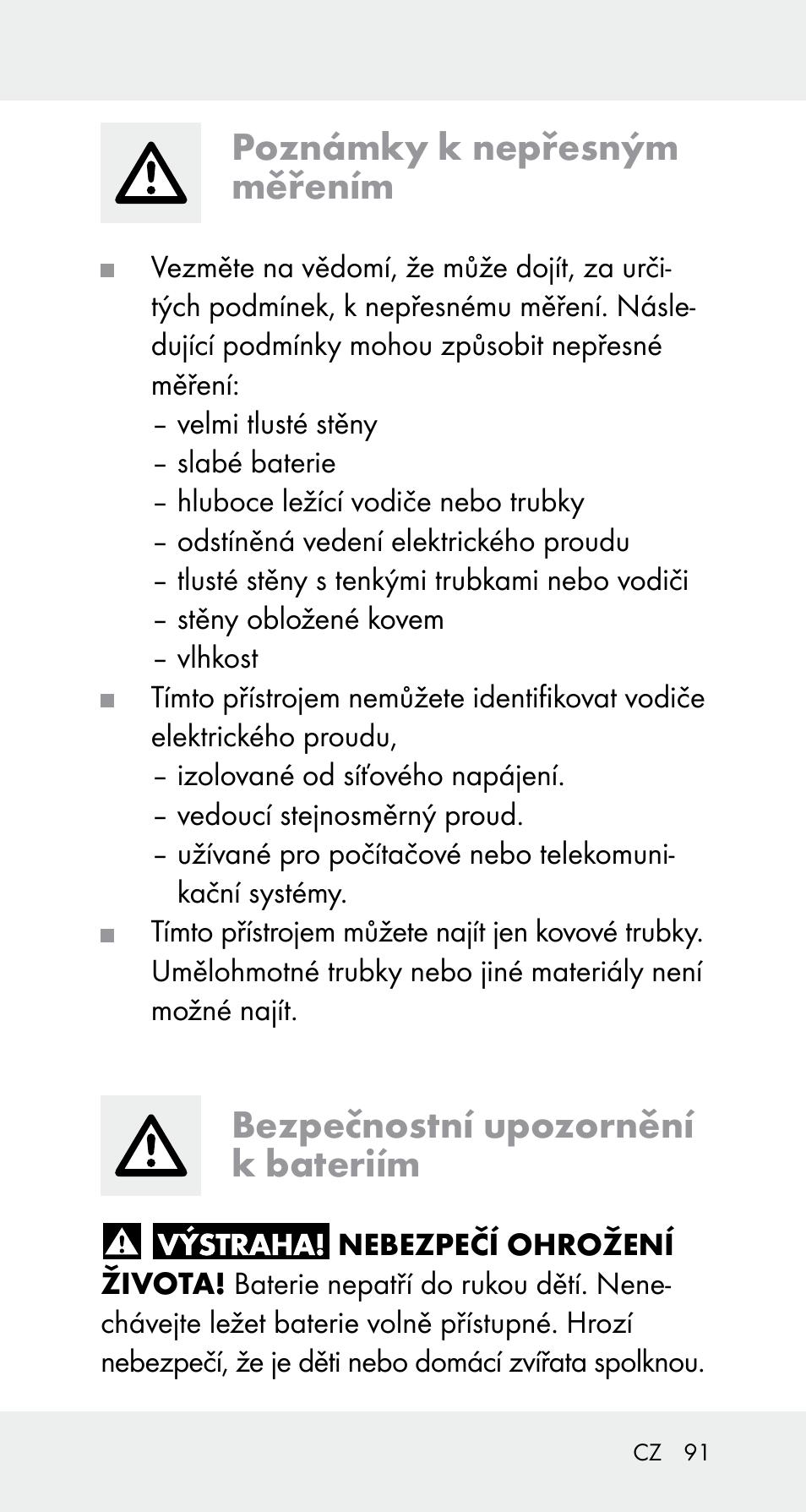 Poznámky k nepřesným měřením, Bezpečnostní upozornění k bateriím | Powerfix Z32114 User Manual | Page 91 / 142
