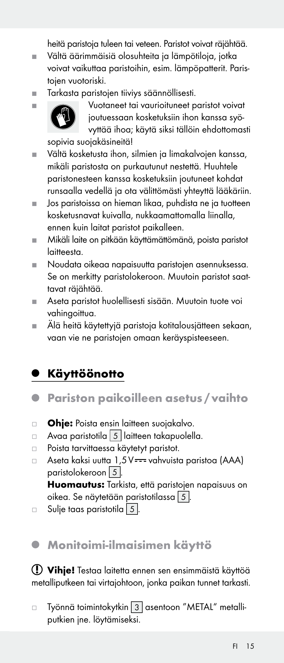 Käyttöönotto, Pariston paikoilleen asetus / vaihto, Monitoimi-ilmaisimen käyttö | Powerfix Z31385A User Manual | Page 15 / 49