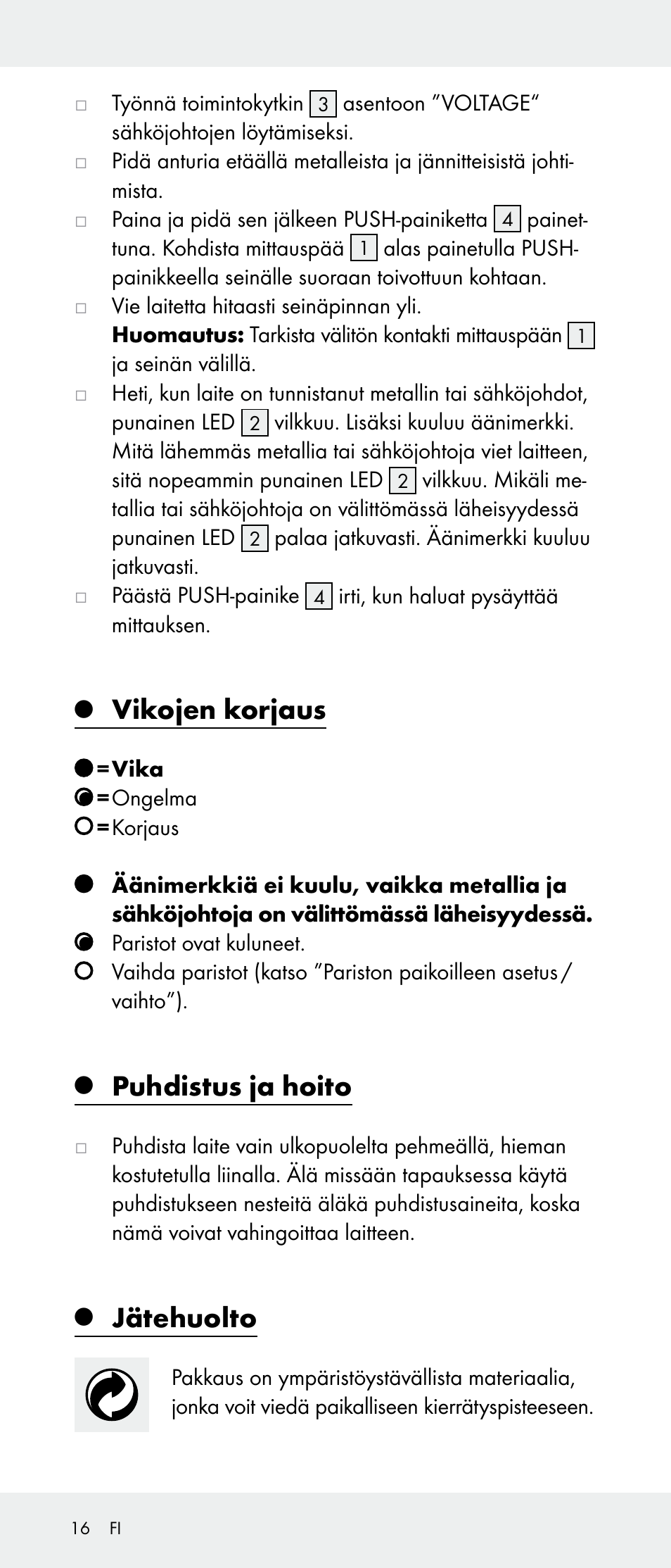 Vikojen korjaus, Puhdistus ja hoito, Jätehuolto | Powerfix Z31385A User Manual | Page 16 / 49