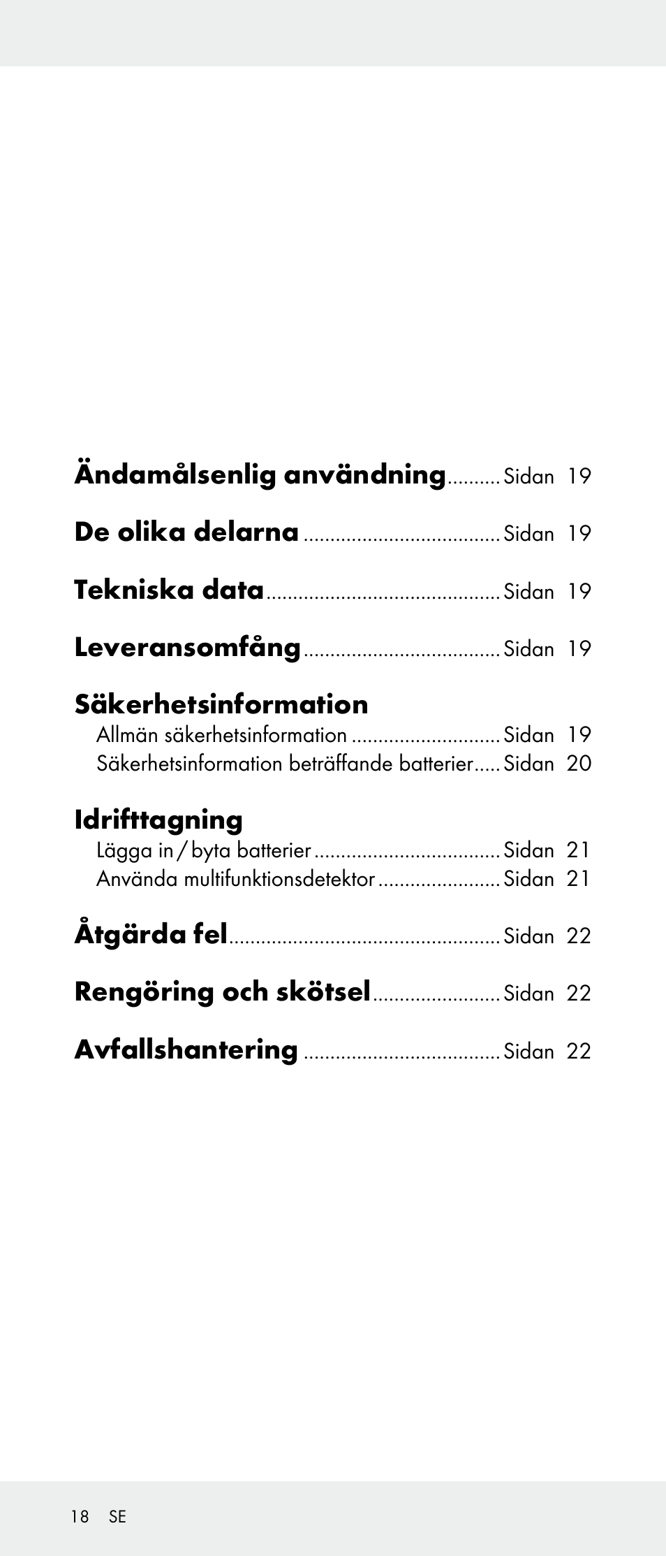 Ändamålsenlig användning, De olika delarna, Tekniska data | Leveransomfång, Säkerhetsinformation, Idrifttagning, Åtgärda fel, Rengöring och skötsel, Avfallshantering | Powerfix Z31385A User Manual | Page 18 / 49