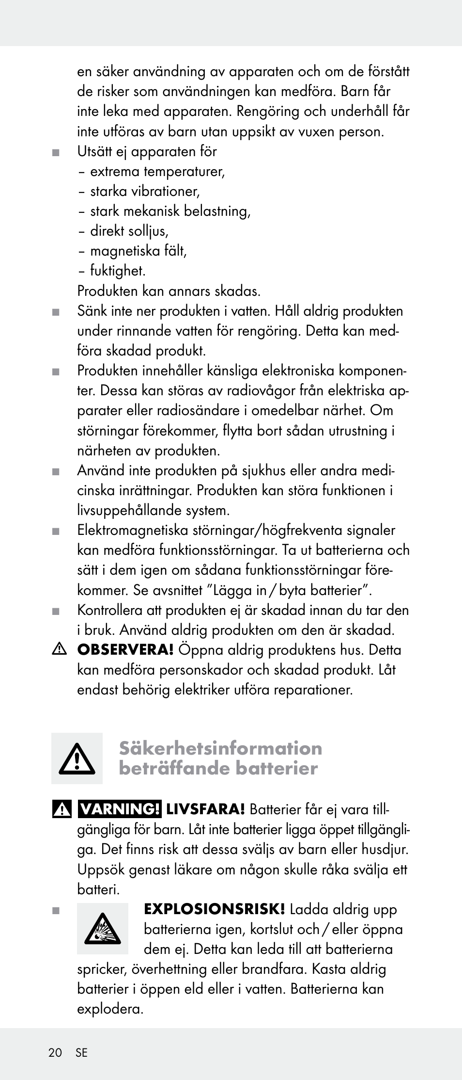 Säkerhetsinformation beträffande batterier | Powerfix Z31385A User Manual | Page 20 / 49