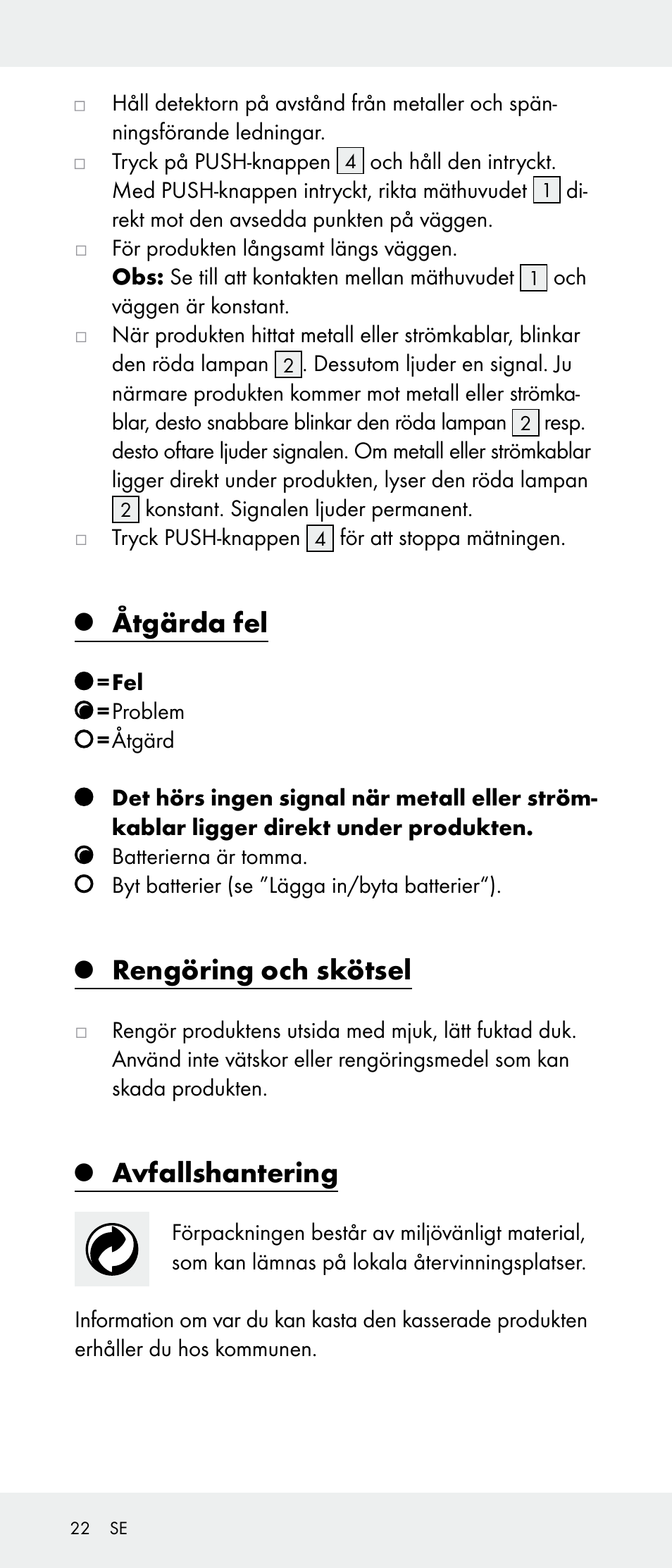 Åtgärda fel, Rengöring och skötsel, Avfallshantering | Powerfix Z31385A User Manual | Page 22 / 49