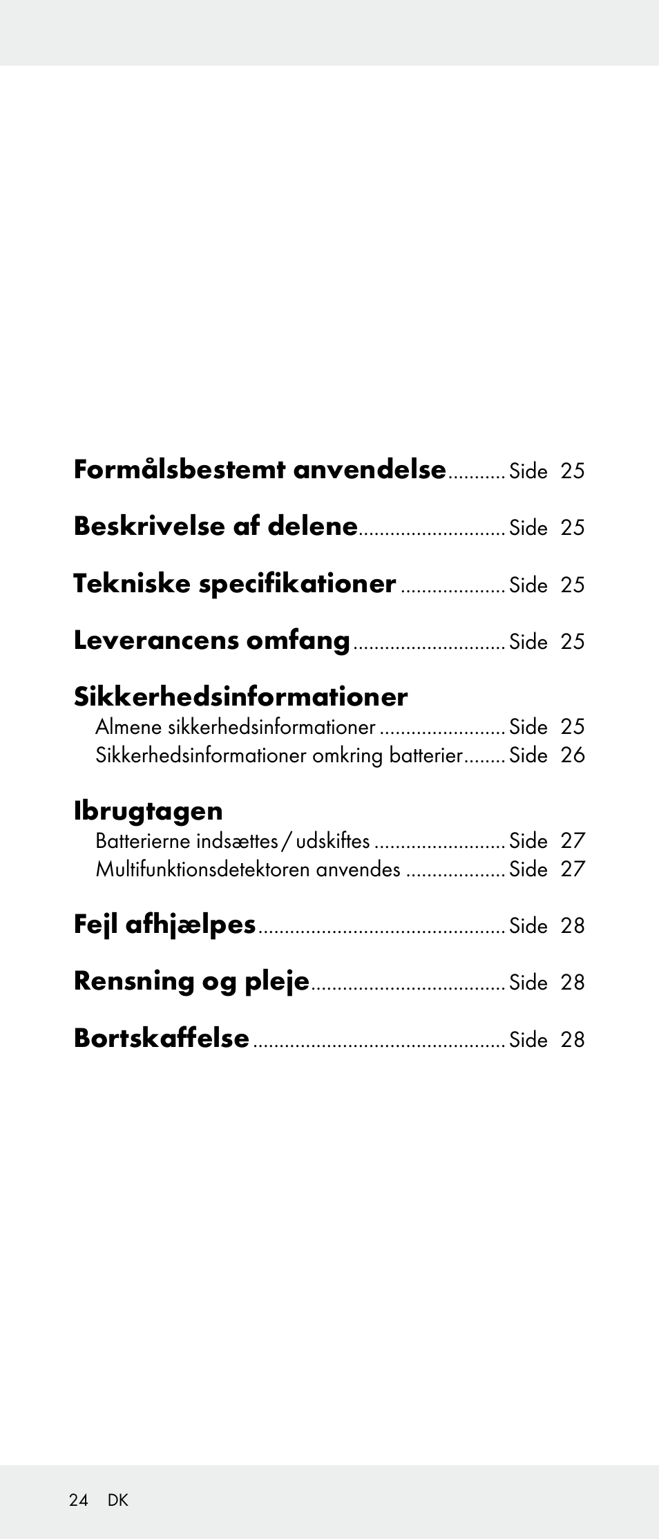 Formålsbestemt anvendelse, Beskrivelse af delene, Tekniske specifikationer | Leverancens omfang, Sikkerhedsinformationer, Ibrugtagen, Fejl afhjælpes, Rensning og pleje, Bortskaffelse | Powerfix Z31385A User Manual | Page 24 / 49