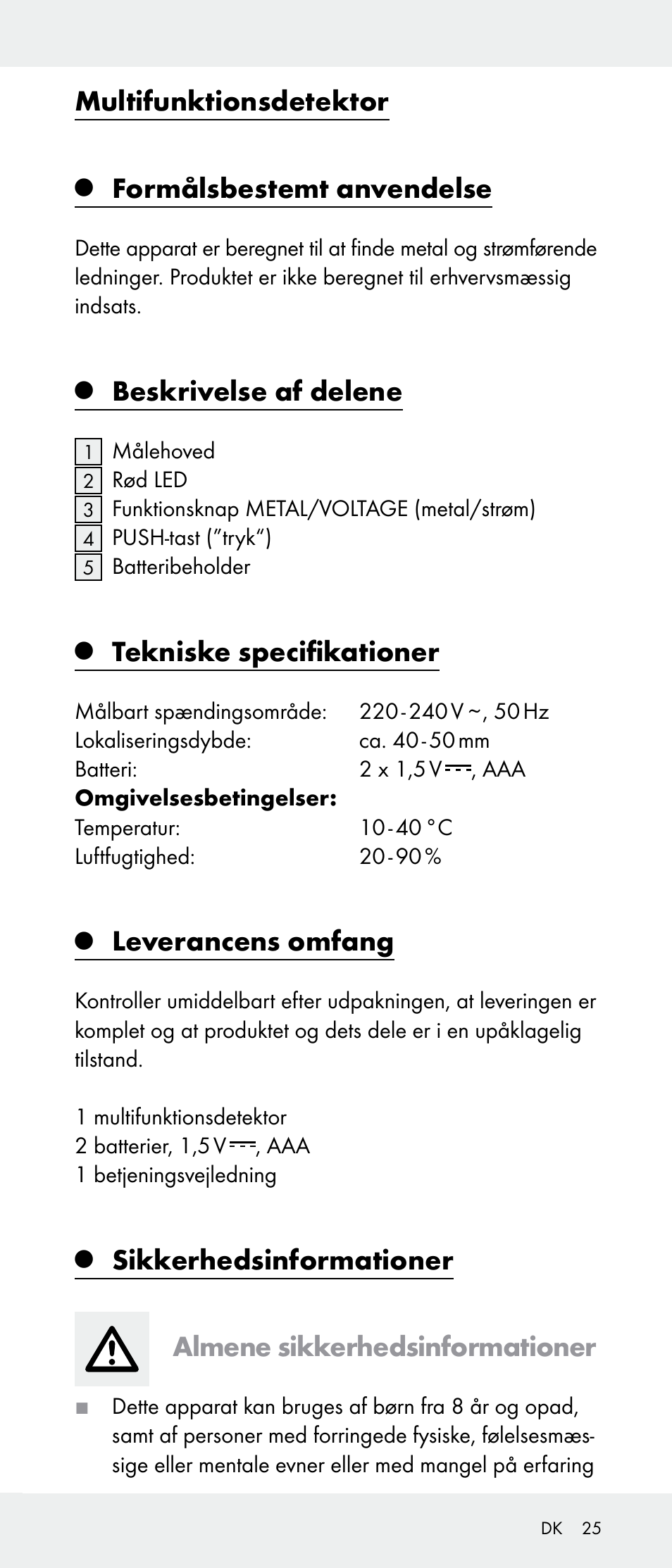 Multifunktionsdetektor, Formålsbestemt anvendelse, Beskrivelse af delene | Tekniske specifikationer, Leverancens omfang | Powerfix Z31385A User Manual | Page 25 / 49
