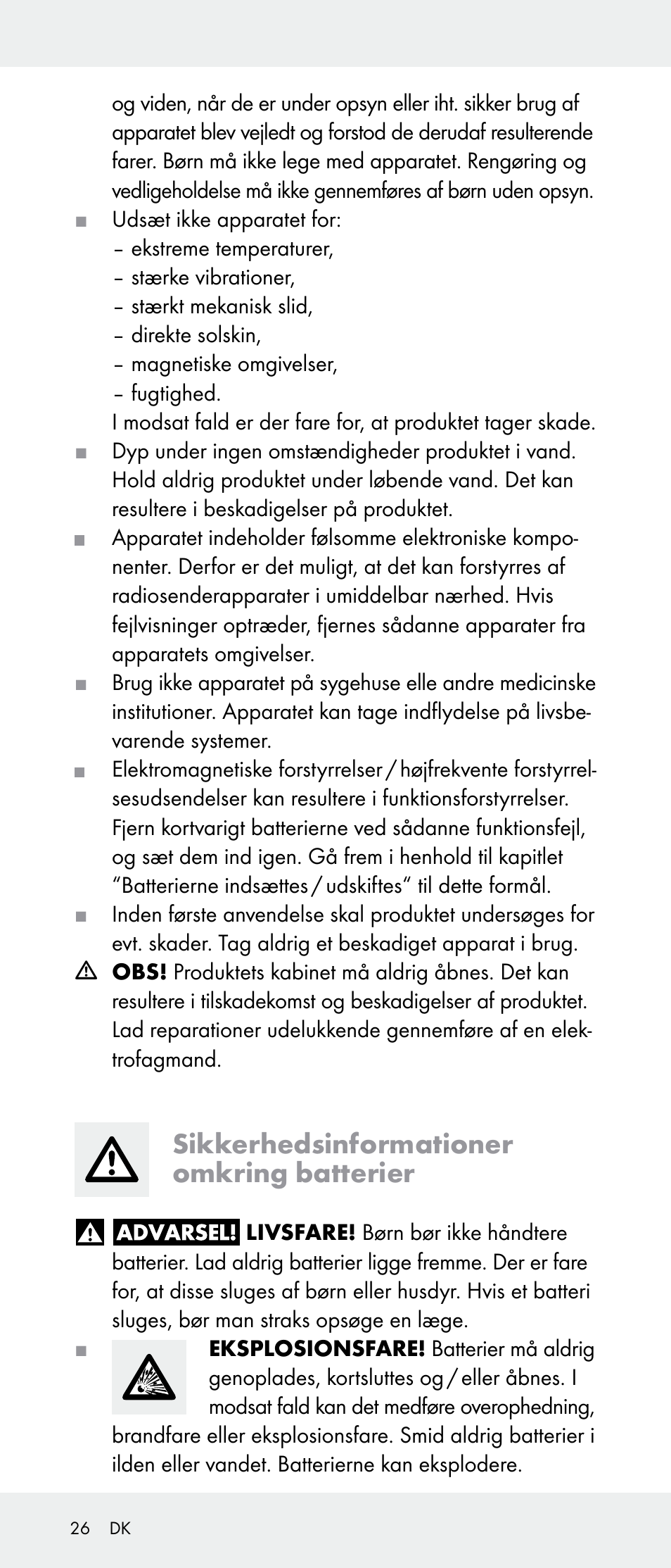 Sikkerhedsinformationer omkring batterier | Powerfix Z31385A User Manual | Page 26 / 49
