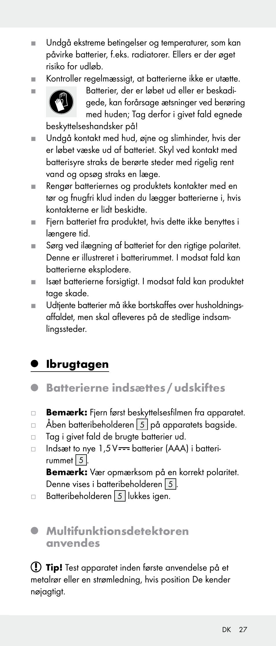 Ibrugtagen, Batterierne indsættes / udskiftes, Multifunktionsdetektoren anvendes | Powerfix Z31385A User Manual | Page 27 / 49