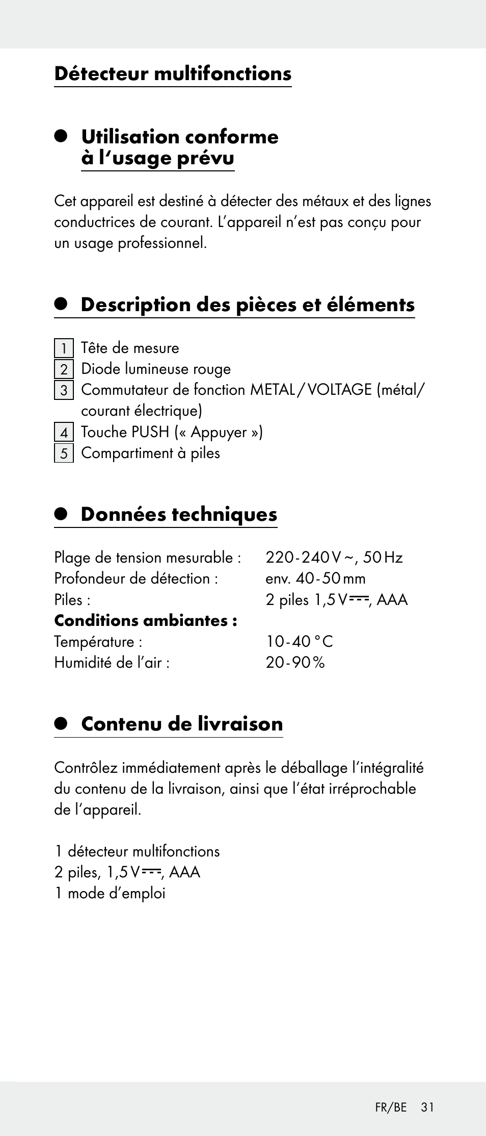 Détecteur multifonctions, Utilisation conforme à l‘usage prévu, Description des pièces et éléments | Données techniques, Contenu de livraison | Powerfix Z31385A User Manual | Page 31 / 49