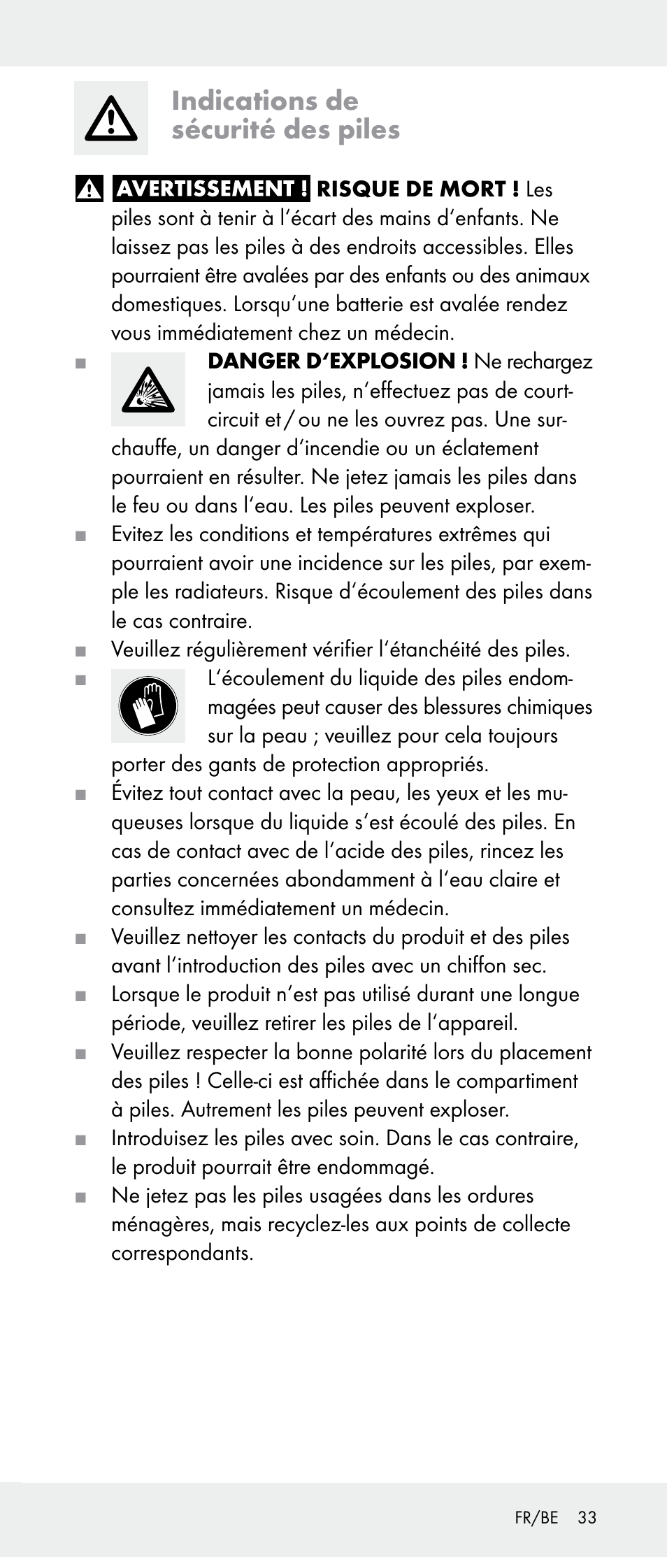 Indications de sécurité des piles | Powerfix Z31385A User Manual | Page 33 / 49