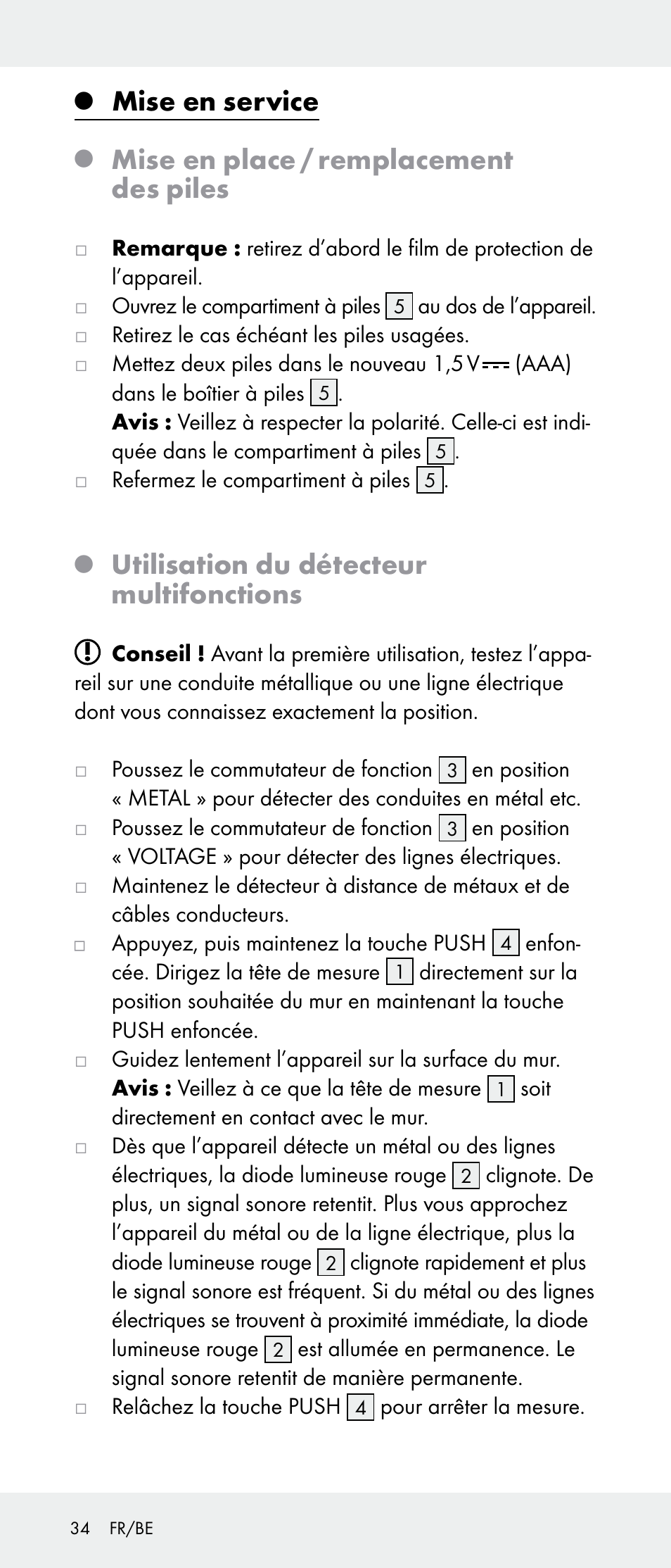 Mise en service, Mise en place / remplacement des piles, Utilisation du détecteur multifonctions | Powerfix Z31385A User Manual | Page 34 / 49