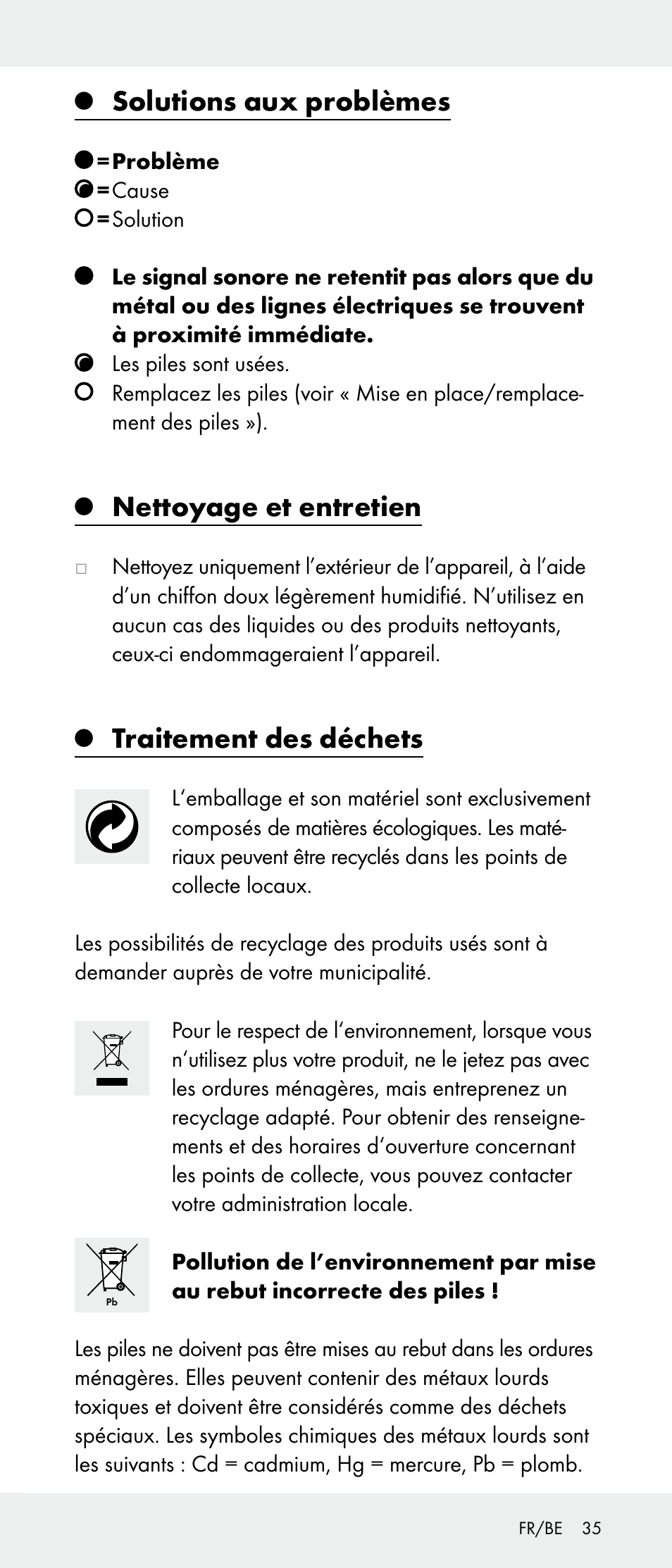 Solutions aux problèmes, Nettoyage et entretien, Traitement des déchets | Powerfix Z31385A User Manual | Page 35 / 49