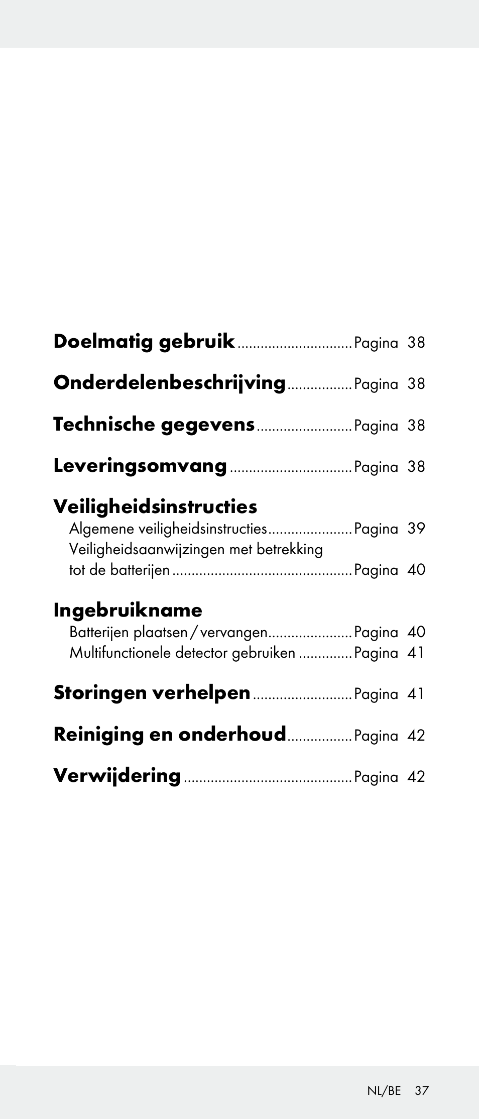 Doelmatig gebruik, Onderdelenbeschrijving, Technische gegevens | Leveringsomvang, Veiligheidsinstructies, Ingebruikname, Storingen verhelpen, Reiniging en onderhoud, Verwijdering | Powerfix Z31385A User Manual | Page 37 / 49