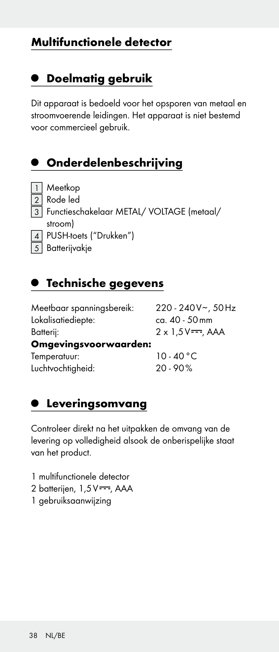 Multifunctionele detector, Doelmatig gebruik, Onderdelenbeschrijving | Technische gegevens, Leveringsomvang | Powerfix Z31385A User Manual | Page 38 / 49