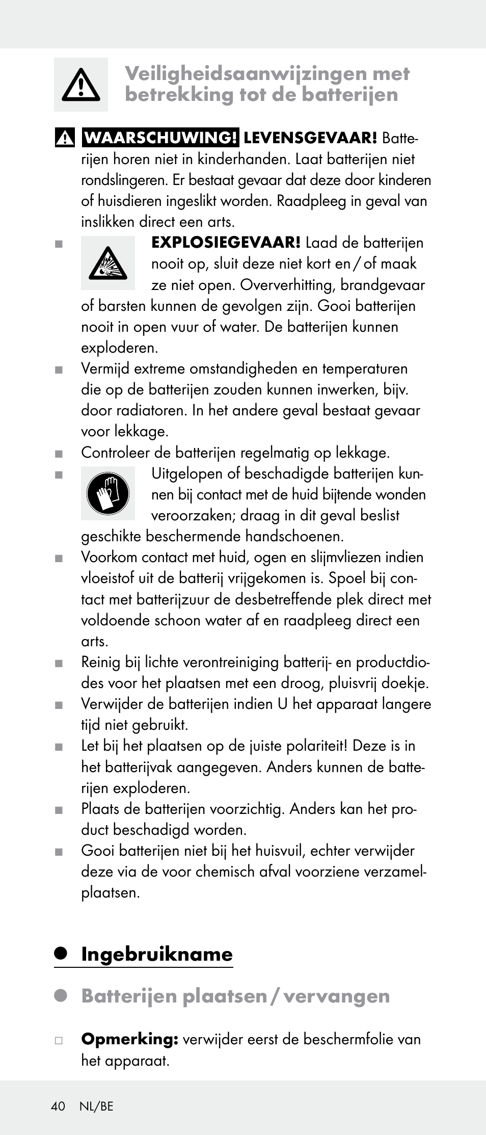 Ingebruikname, Batterijen plaatsen / vervangen | Powerfix Z31385A User Manual | Page 40 / 49