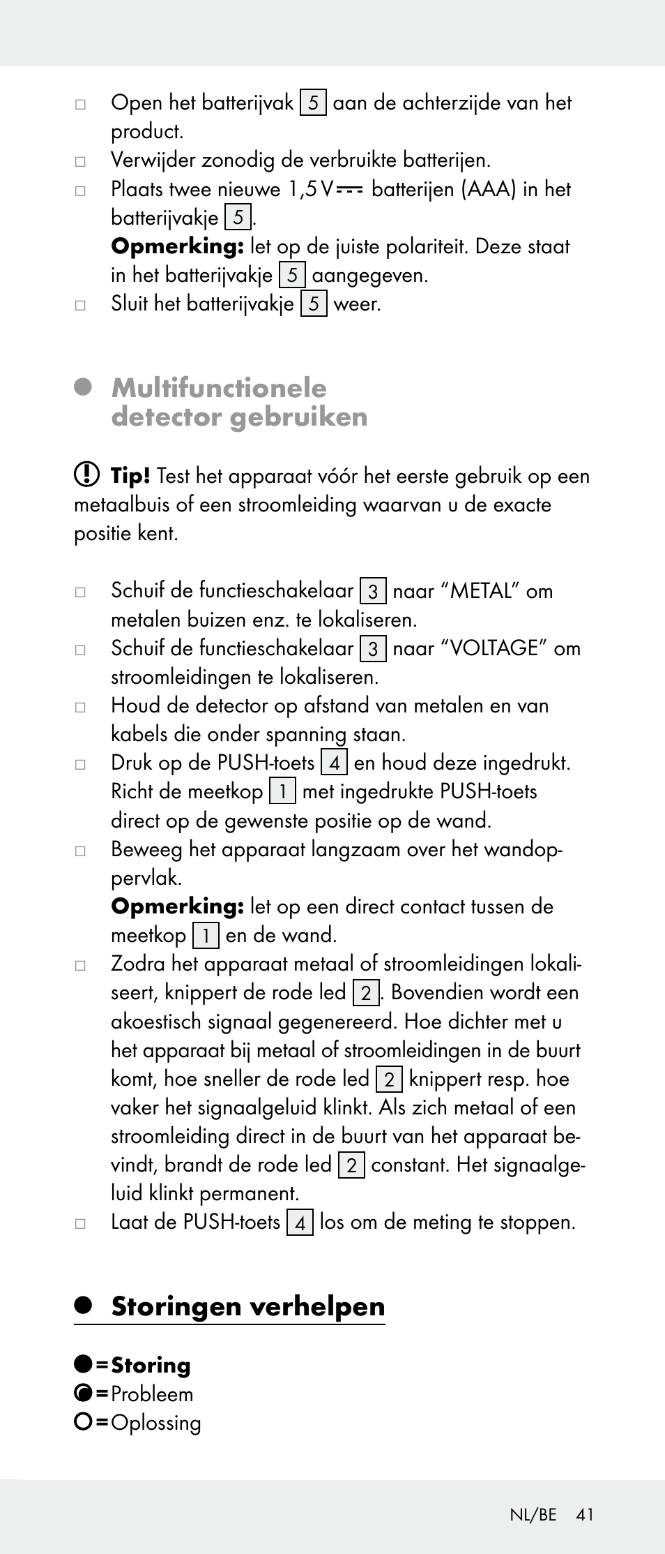 Multifunctionele detector gebruiken, Storingen verhelpen | Powerfix Z31385A User Manual | Page 41 / 49