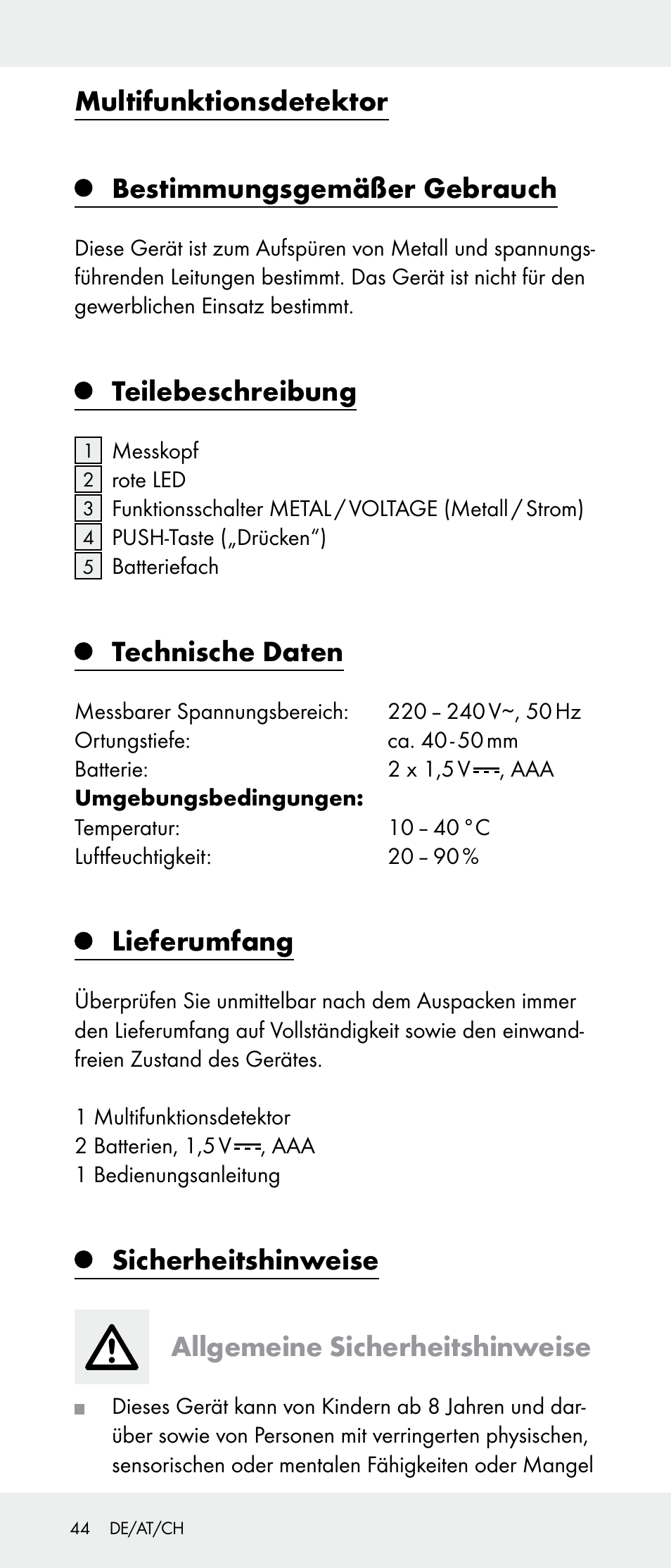 Multifunktionsdetektor bestimmungsgemäßer gebrauch, Teilebeschreibung, Technische daten | Lieferumfang, Sicherheitshinweise allgemeine sicherheitshinweise | Powerfix Z31385A User Manual | Page 44 / 49