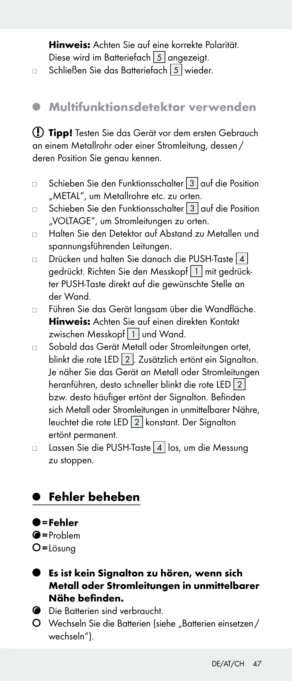 Multifunktionsdetektor verwenden, Fehler beheben | Powerfix Z31385A User Manual | Page 47 / 49