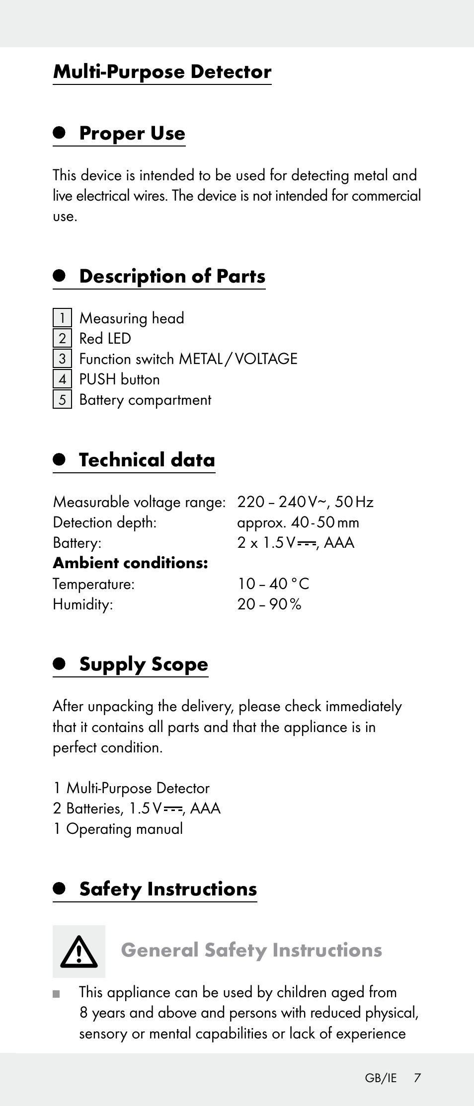 Multi-purpose detector, Proper use, Description of parts | Technical data, Supply scope, Safety instructions general safety instructions | Powerfix Z31385A User Manual | Page 7 / 49