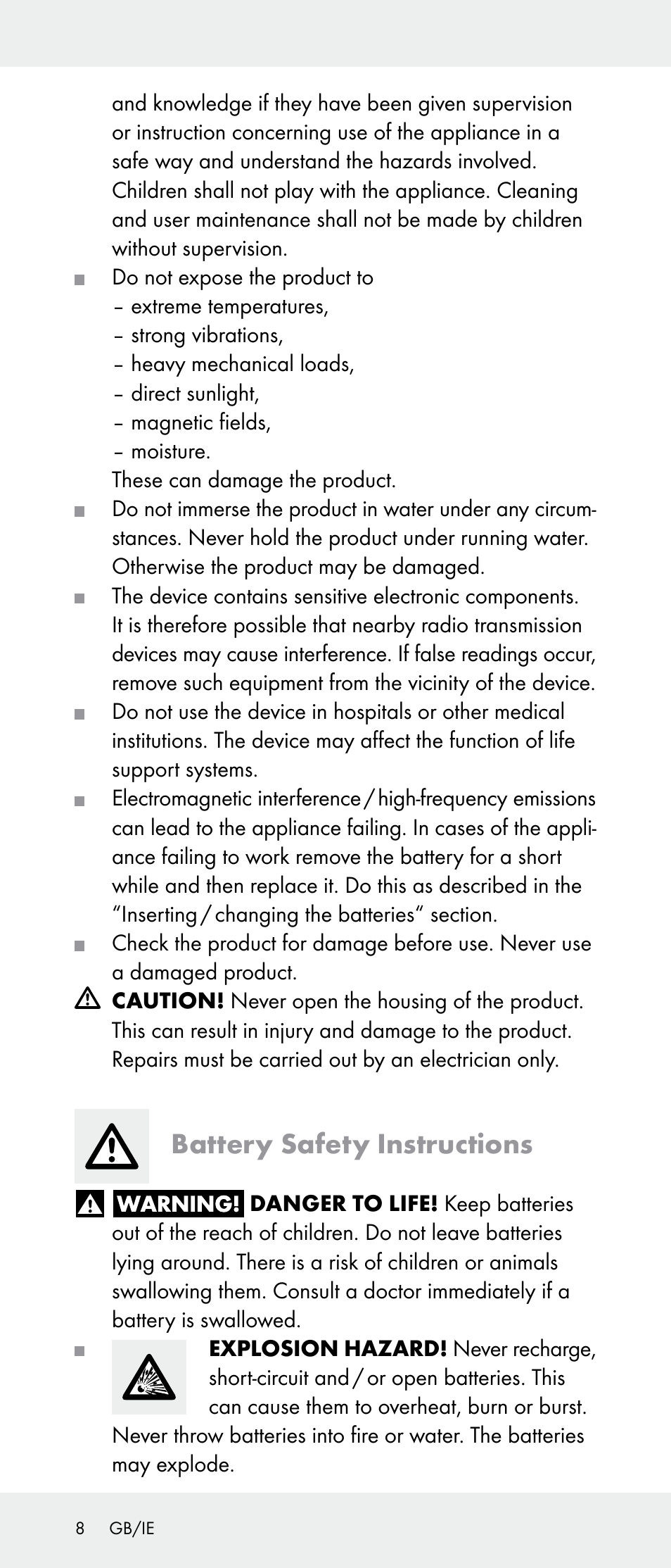 Battery safety instructions | Powerfix Z31385A User Manual | Page 8 / 49