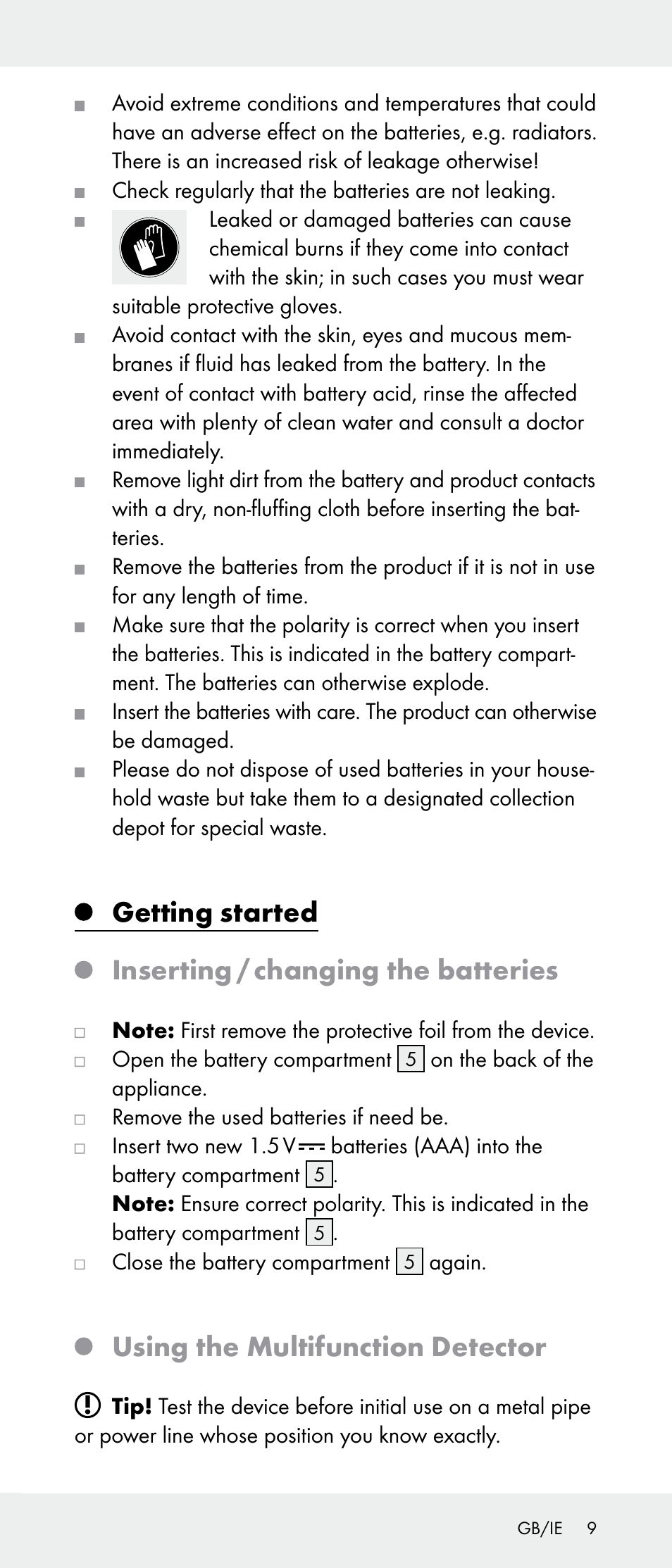 Getting started, Inserting / changing the batteries, Using the multifunction detector | Powerfix Z31385A User Manual | Page 9 / 49