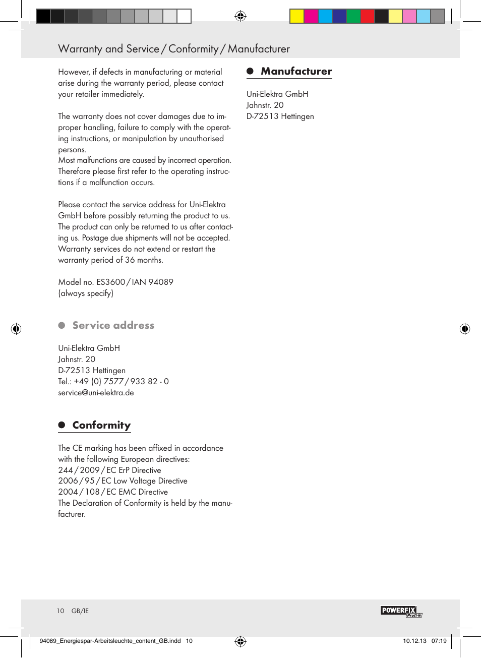 Warranty and service / conformity / manufacturer, Service address, Conformity | Manufacturer | Powerfix Energy-Saving Light User Manual | Page 10 / 13