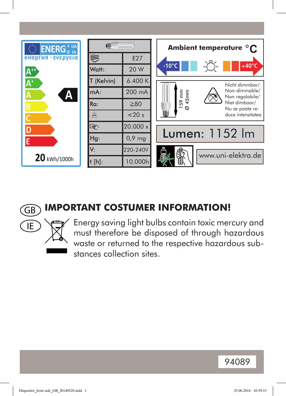 94089_depositor_front side_gb_20140625, Lumen: 1152 lm, Gb ie | Important costumer information | Powerfix Energy-Saving Light User Manual | Page 12 / 13