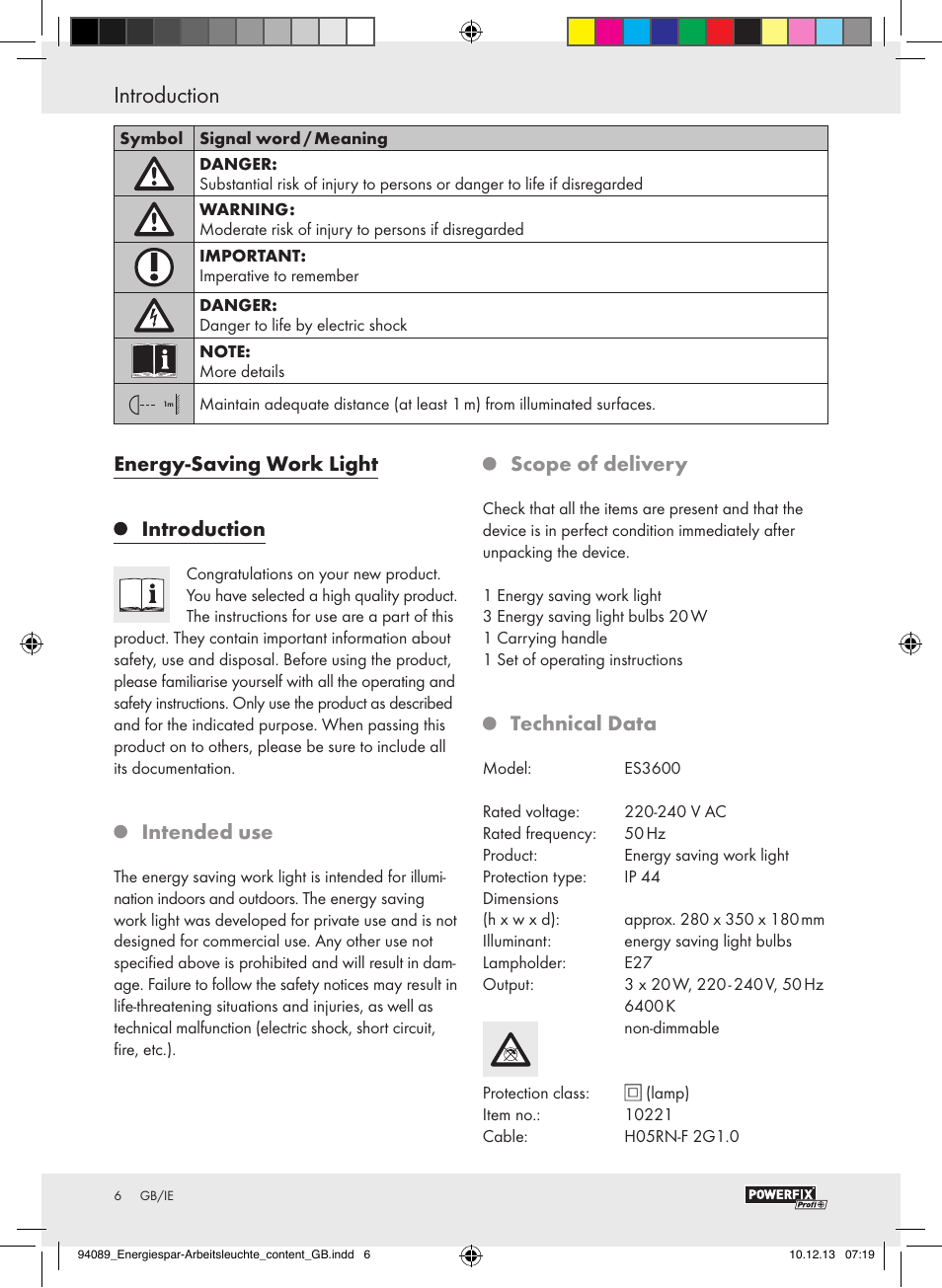 Introduction / safety information introduction, Energy-saving work light introduction, Intended use | Scope of delivery, Technical data | Powerfix Energy-Saving Light User Manual | Page 6 / 13