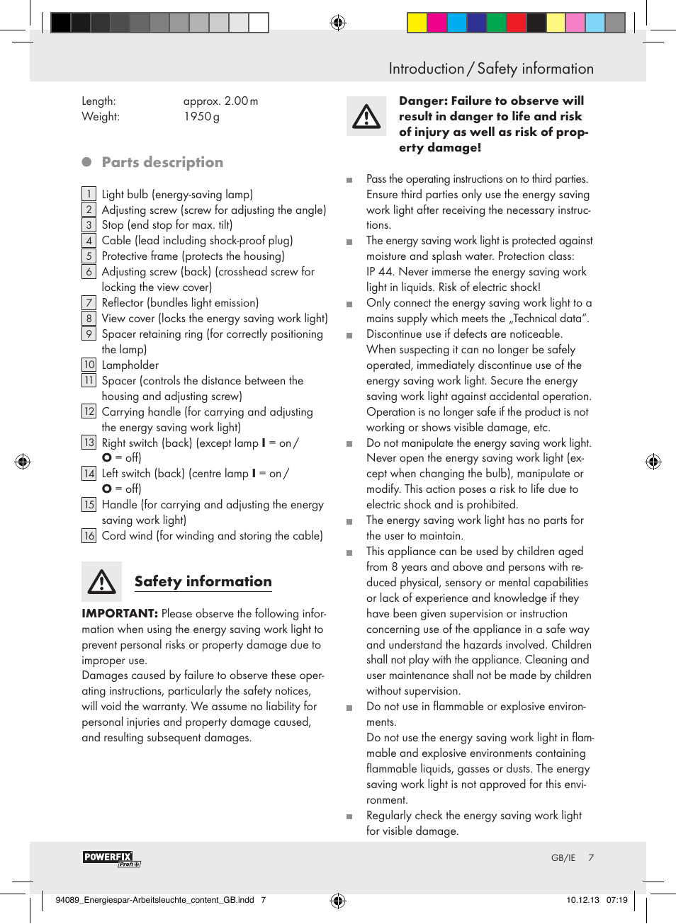 Introduction / safety information, Parts description, Safety information | Powerfix Energy-Saving Light User Manual | Page 7 / 13